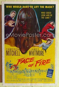 7y260 FACE OF FIRE 1sh '59 Albert Band, wild horror art, would you dare lift the mask?