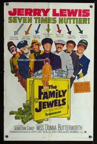7y262 FAMILY JEWELS 1sh '65 Jerry Lewis is seven times nuttier in seven roles, wacky art!