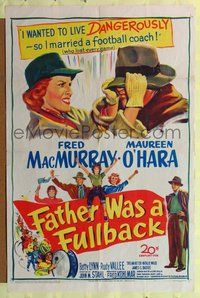 7y265 FATHER WAS A FULLBACK 1sh '49 Fred MacMurray & pretty Maureen O'Hara, football!
