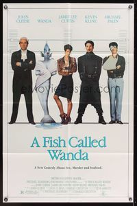 7y282 FISH CALLED WANDA 1sh '88 John Cleese, Jamie Lee Curtis, Kline & Palin in police line up!