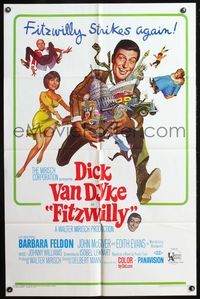 7y285 FITZWILLY 1sh '68 great comic art of Dick Van Dyke & Barbara Feldon!