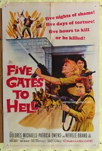 7y287 FIVE GATES TO HELL 1sh '59 James Clavell, Dolores Michaels, Patricia Owens, girls with guns!
