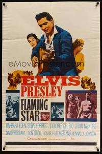 7y290 FLAMING STAR style B 1sh '60 Elvis Presley playing guitar & close up with rifle, Barbara Eden