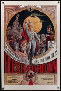 7y292 FLESH GORDON 1sh '74 sexy sci-fi spoof, wacky erotic super hero art by George Barr!