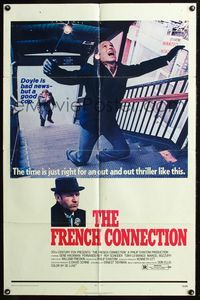 7y302 FRENCH CONNECTION 1sh '71 Gene Hackman in movie chase climax, directed by William Friedkin!