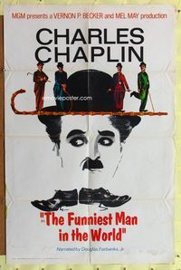 7y309 FUNNIEST MAN IN THE WORLD 1sh '67 cool close up art of Charlie Chaplin w/4 small images!