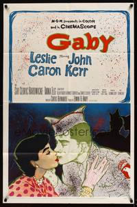 7y313 GABY 1sh '56 wonderful close up art of soldier John Kerr kissing Leslie Caron!