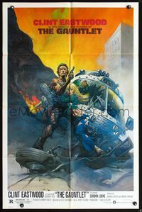 7y317 GAUNTLET small credit style 1sh '77 Clint Eastwood, great Frank Frazetta action art!
