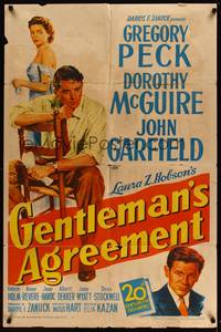 7y318 GENTLEMAN'S AGREEMENT 1sh '47 Elia Kazan, Gregory Peck, Dorothy McGuire, John Garfield!