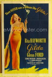 7y323 GILDA 1sh R59 Glenn Ford, sexy Rita Hayworth full-length in sheath dress!