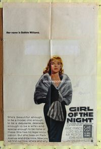 7y325 GIRL OF THE NIGHT 1sh '60 prostitute Anne Francis in a sexy dress is The Call Girl!