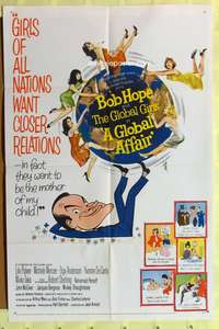 7y328 GLOBAL AFFAIR 1sh '64 great art of Bob Hope spinning Earth & sexy girls, Yvonne De Carlo!