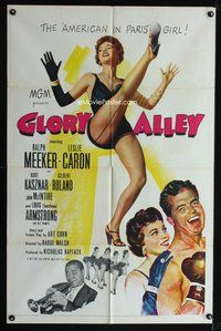 7y329 GLORY ALLEY 1sh '52 boxer Ralph Meeker, sexy Leslie Caron, Louis Armstrong playing trumpet!