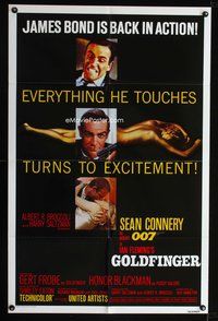 7y339 GOLDFINGER 1sh R80 three great images of Sean Connery as James Bond 007!