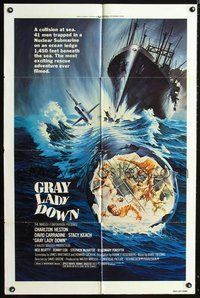 7y350 GRAY LADY DOWN 1sh '78 Charlton Heston, David Carradine, cool submarine artwork!