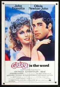 7y351 GREASE 1sh '78 close up of John Travolta & Olivia Newton-John in a most classic musical!