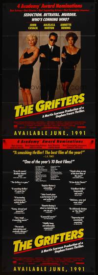 7y369 GRIFTERS DS video 1sh '90 John Cusack, sexy Annette Bening & Anjelica Huston!