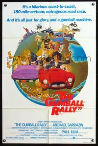 7y372 GUMBALL RALLY style A 1sh '76 Michael Sarrazin, wacky art of car racing around the world!
