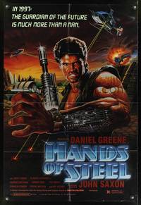 7y388 HANDS OF STEEL 1sh '86 cool artwork of cyborg commando Daniel Greene!