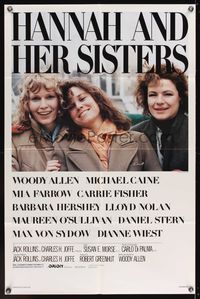 7y392 HANNAH & HER SISTERS 1sh '86 Woody Allen, Mia Farrow, Carrie Fisher, Barbara Hershey!