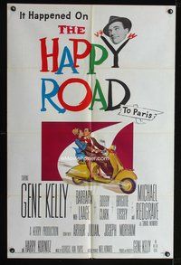 7y394 HAPPY ROAD 1sh '57 romantic art of Gene Kelly & Barbara Laage riding & kissing on Vespa!