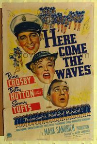 7y412 HERE COME THE WAVES style A 1sh '44 art of Navy sailor Bing Crosby & Betty Hutton singing!