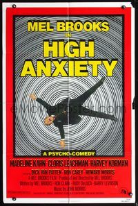 7y416 HIGH ANXIETY 1sh '77 Mel Brooks, great Vertigo spoof design, a Psycho-Comedy!