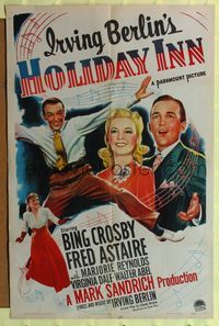 7y423 HOLIDAY INN 1sh '42 Fred Astaire, Bing Crosby, Marjorie Reynolds, Irving Berlin musical!