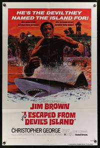 7y454 I ESCAPED FROM DEVIL'S ISLAND 1sh '73 cool art of Jim Brown swimming w/sharks!