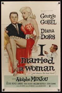 7y456 I MARRIED A WOMAN 1sh '58 artwork of sexiest Diana Dors sitting in George Gobel's lap!