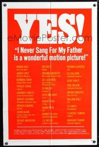 7y458 I NEVER SANG FOR MY FATHER 1sh '70 Gilbert Cates, Melvyn Douglas, from Robert Anderson play!