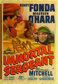 7y472 IMMORTAL SERGEANT 1sh '43 cool art of soldier Henry Fonda & romancing Maureen O'Hara!