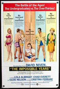 7y473 IMPOSSIBLE YEARS 1sh '68 David Niven, sexy Christina Ferrare, undergrads vs. over-thirties!