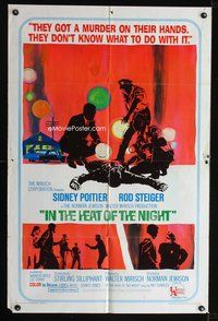 7y479 IN THE HEAT OF THE NIGHT 1sh '67 Sidney Poitier, Rod Steiger, Warren Oates, cool crime art!