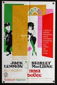 7y490 IRMA LA DOUCE style A 1sh '63 Billy Wilder, great art of Shirley MacLaine & Jack Lemmon!