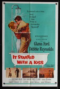 7y495 IT STARTED WITH A KISS 1sh '59 Glenn Ford & Debbie Reynolds kissing in shower in Spain!