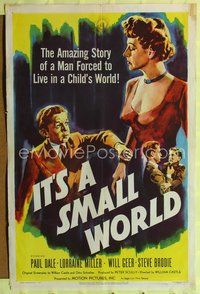 7y498 IT'S A SMALL WORLD 1sh '50 William Castle directed wacky bizarre comedy!