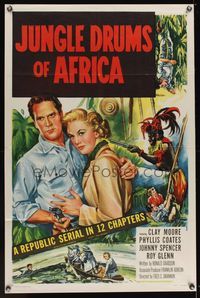 7y514 JUNGLE DRUMS OF AFRICA 1sh '52 Clayton Moore with gun & Phyllis Coates, entire serial!