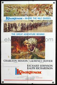 7y521 KHARTOUM style B 1sh '66 art of Charlton Heston & Olivier, North African adventure!