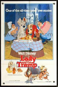 7y535 LADY & THE TRAMP 1sh R80 Walt Disney romantic canine classic cartoon!