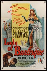 7y538 LADY OF BURLESQUE 1sh '43 great image of sexy Barbara Stanwyck in two-piece dress!