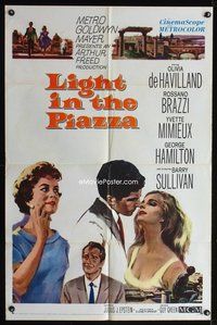 7y564 LIGHT IN THE PIAZZA 1sh '61 Olivia De Havilland, Yvette Mimieux, Rossano Brazzi, Hamilton!