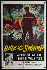 7y586 LURE OF THE SWAMP 1sh '57 art of man carrying sexy unconscious Joan Vohs!