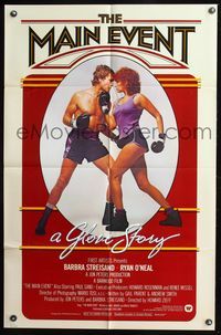 7y595 MAIN EVENT int'l 1sh '79 great full-length image of Barbra Streisand boxing with Ryan O'Neal!