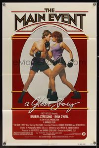 7y594 MAIN EVENT 1sh '79 great full-length image of Barbra Streisand boxing with Ryan O'Neal!