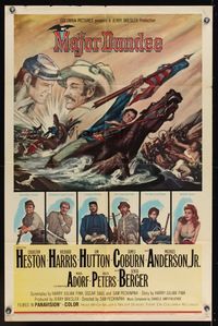 7y596 MAJOR DUNDEE 1sh '65 Sam Peckinpah, Charlton Heston, dramatic Civil War battle art!