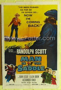 7y601 MAN IN THE SADDLE 1sh R59 cowboy Randolph Scott in western action, Joan Leslie!