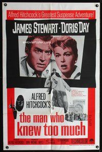 7y602 MAN WHO KNEW TOO MUCH 1sh R60s Alfred Hitchcock, husband & wife Jimmy Stewart & Doris Day!