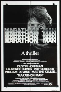 7y605 MARATHON MAN 1sh '76 cool image of Dustin Hoffman, John Schlesinger classic thriller!