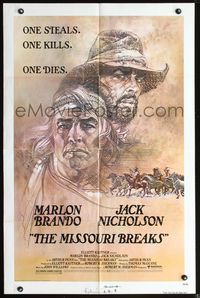 7y618 MISSOURI BREAKS 1sh '76 art of Marlon Brando & Jack Nicholson by Bob Peak!